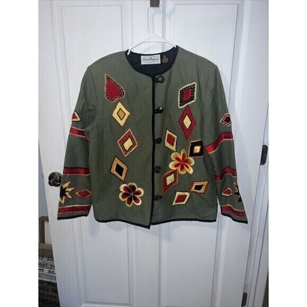 Patchington Embroidered Applique Military Green‎ Button Down Coat Blazer Sz Med